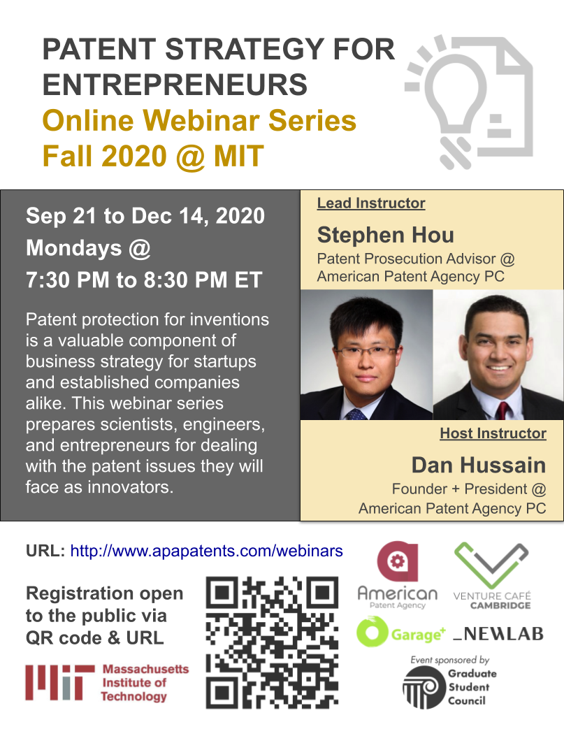 Patent Strategy for Entrepreneurs: Fall 2020 Webinar Series @ MIT