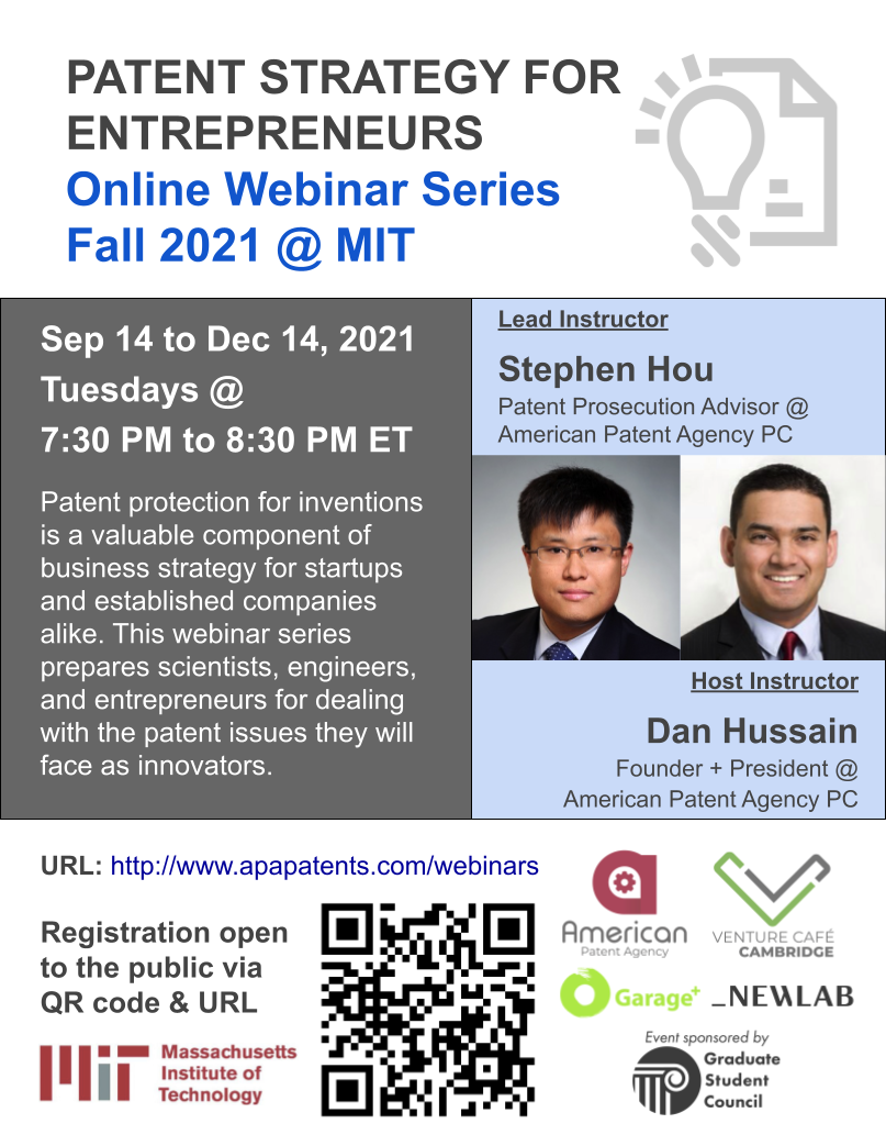 Patent Strategy for Entrepreneurs: Fall 2021 Webinar Series @ MIT